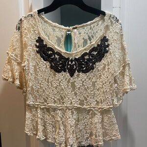 Free People Cream Lace Blouse with Black Embroidery